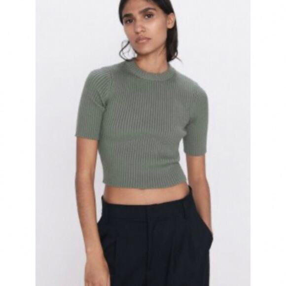 NWT Zara Short Sleeve Cropped Ribbed Knit Sweater Crew Neck Large Sage Green - Picture 1 of 16